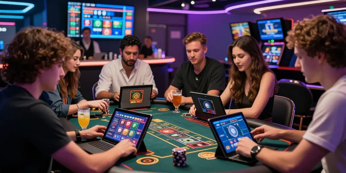 Casino crypto retrait instantané : joueurs enthousiastes profitant d'un environnement de casino numérique moderne et lumineux.