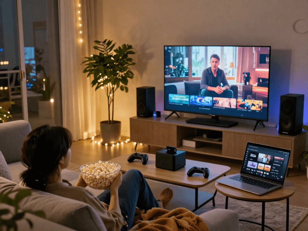 Iron tv pro home entertainment setup featuring cozy TV viewing experience