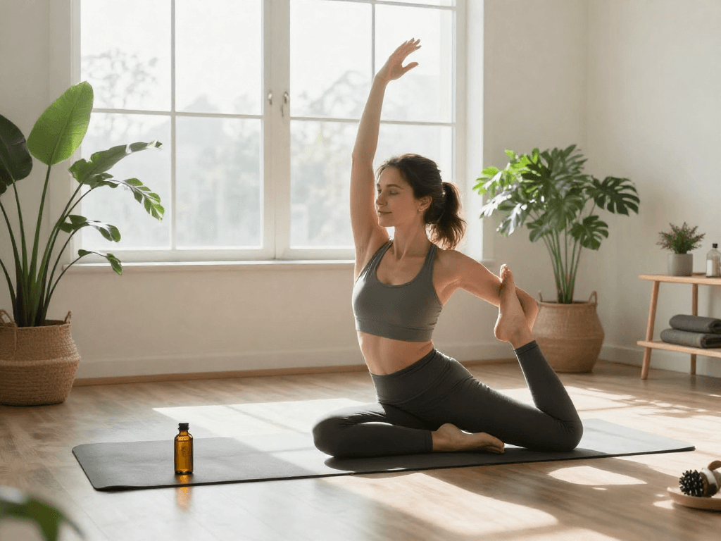 Casino en ligne retrait immédiat avec huile CBD sur tapis de yoga, ambiance bien-être naturelle, lumière douce du matin.
