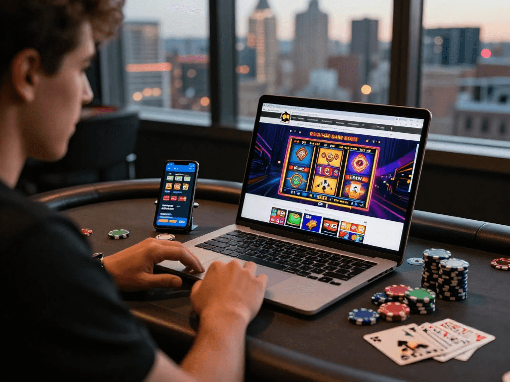 Casino en ligne : joueur enthousiaste sur son ordinateur avec des graphiques de machines à sous et des jetons.