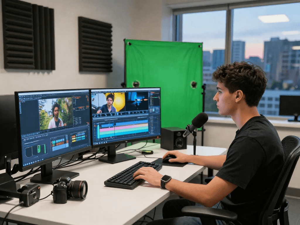 Professionnel créant des vidéos pour Iron tv pro dans un espace moderne