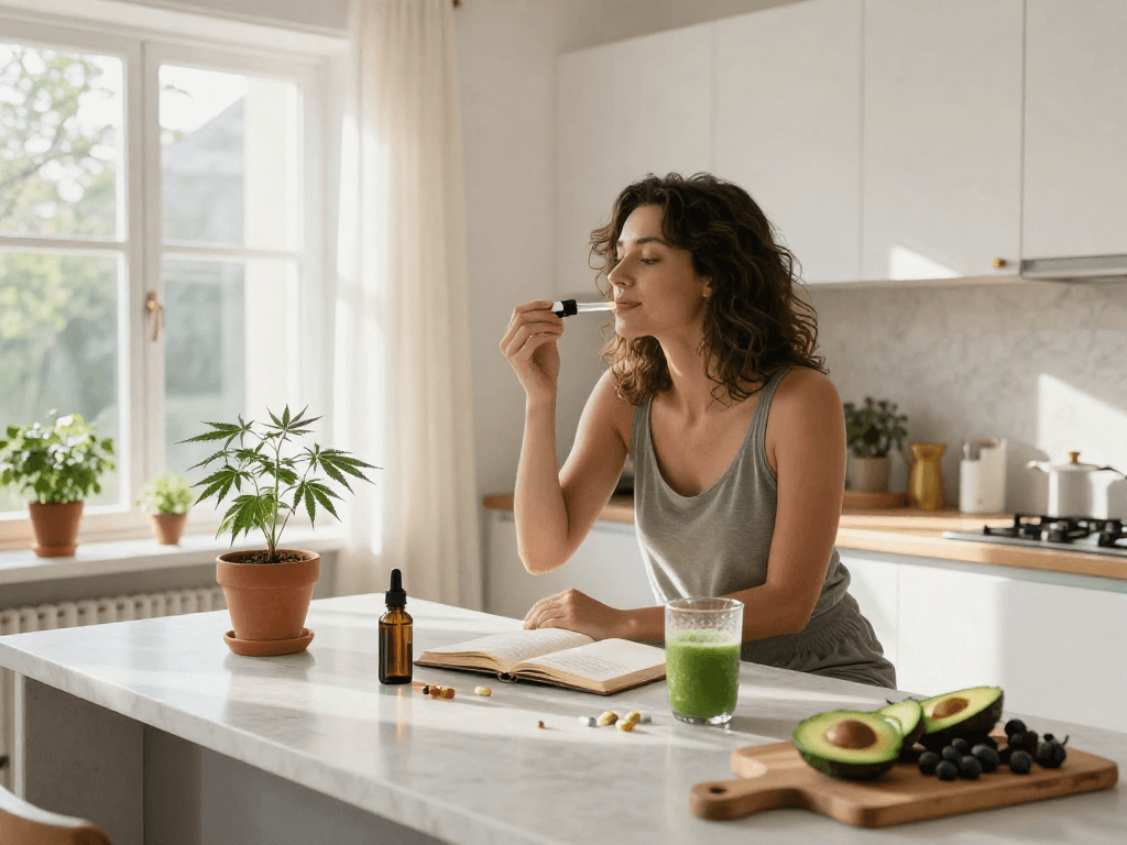 Meilleur site de pari sportif avec l'utilisation d'huile de CBD dans une cuisine lumineuse, favorisant le bien-être naturel.