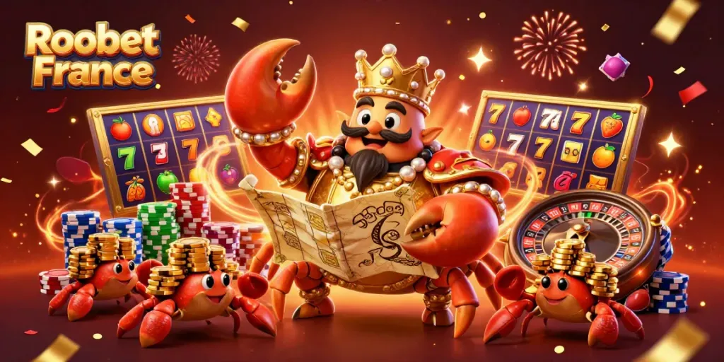 Jouez à Roobet France avec un crabe roi doré entouré de jeux de casino fascinants.