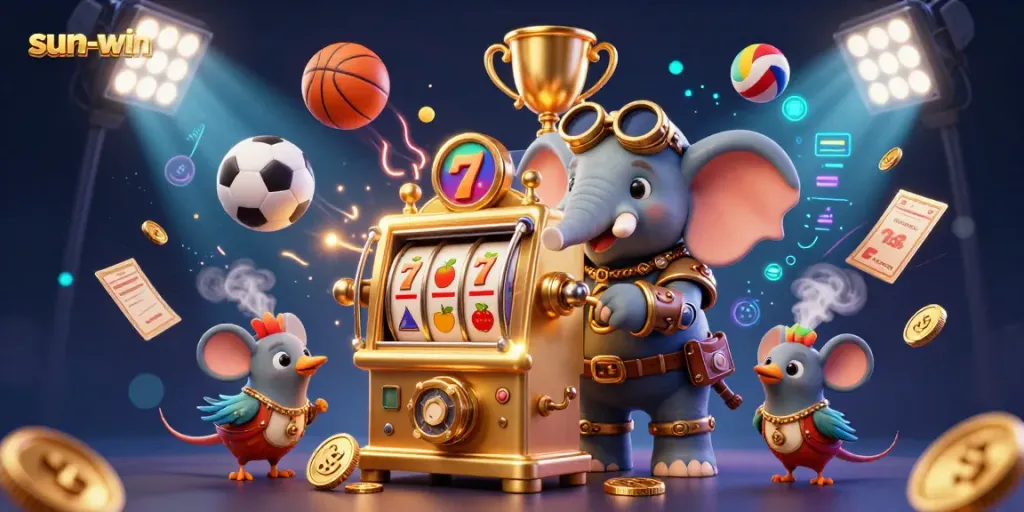 Spin the golden slot machine with sun-win, featuring a steampunk elephant engineer and dynamic sports elements.