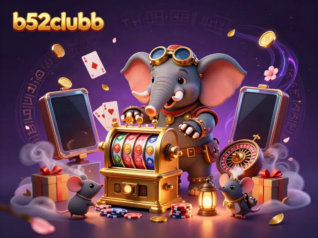 Spin and win with b52clubb at a vibrant steampunk slot machine, featuring animated characters and casino elements.