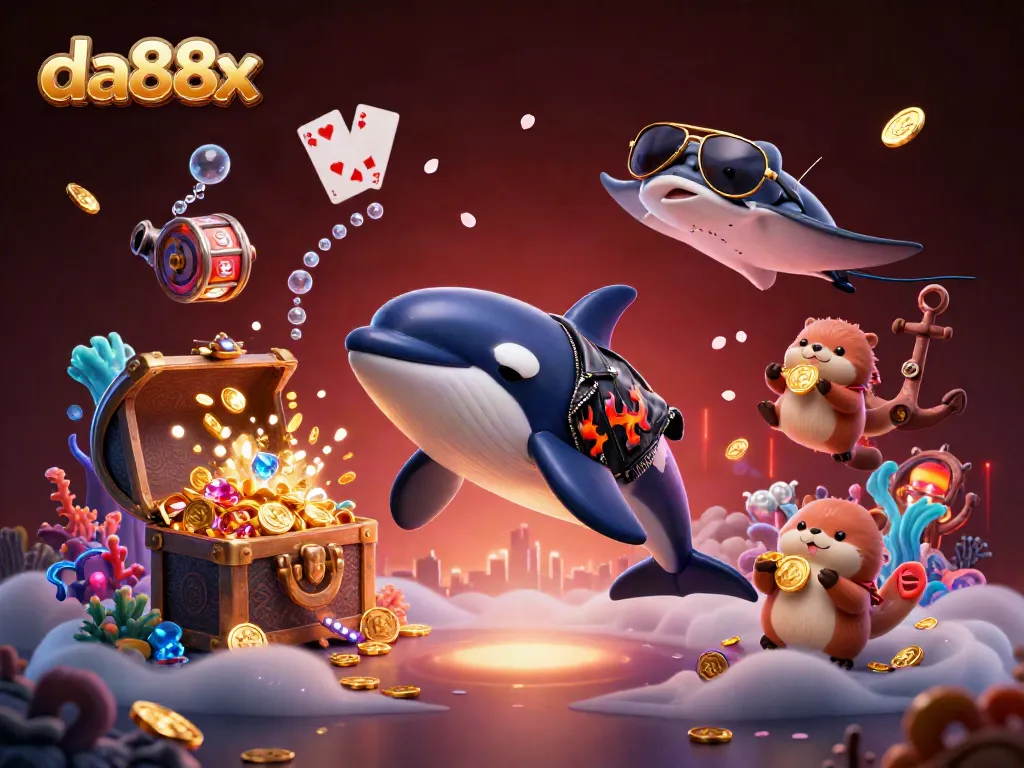 Experience the thrilling action of da88x with a vibrant underwater casino scene featuring playful characters and exciting gambling elements.