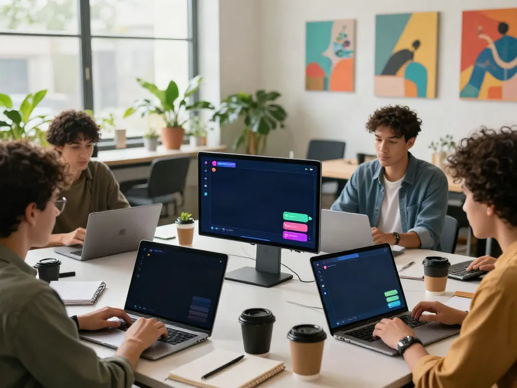 Vibrant office scene featuring unfiltered AI chat discussions on multiple screens, showcasing creativity and collaboration.