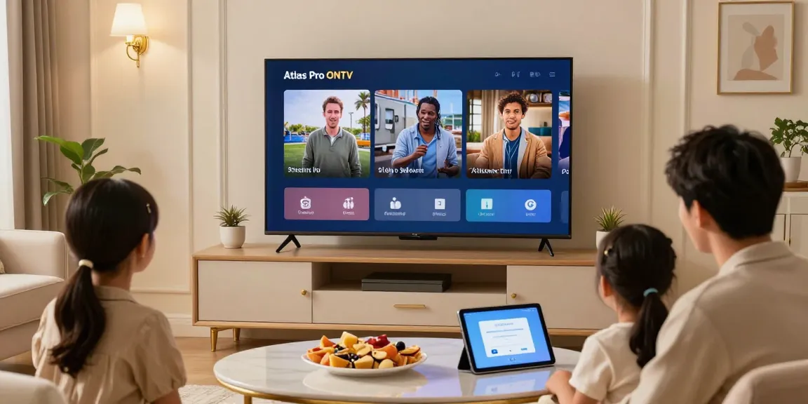 Installer Atlas Pro Samsung sur Smart TV dans un salon moderne avec familles appréciant le streaming.