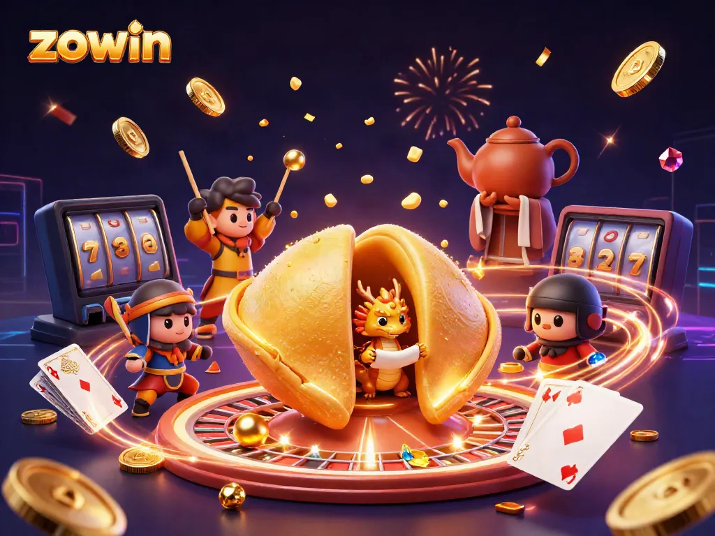 Zowin offers a vibrant online casino atmosphere filled with golden coins, colorful playing cards, and animated slot reels, creating an engaging gaming experience.