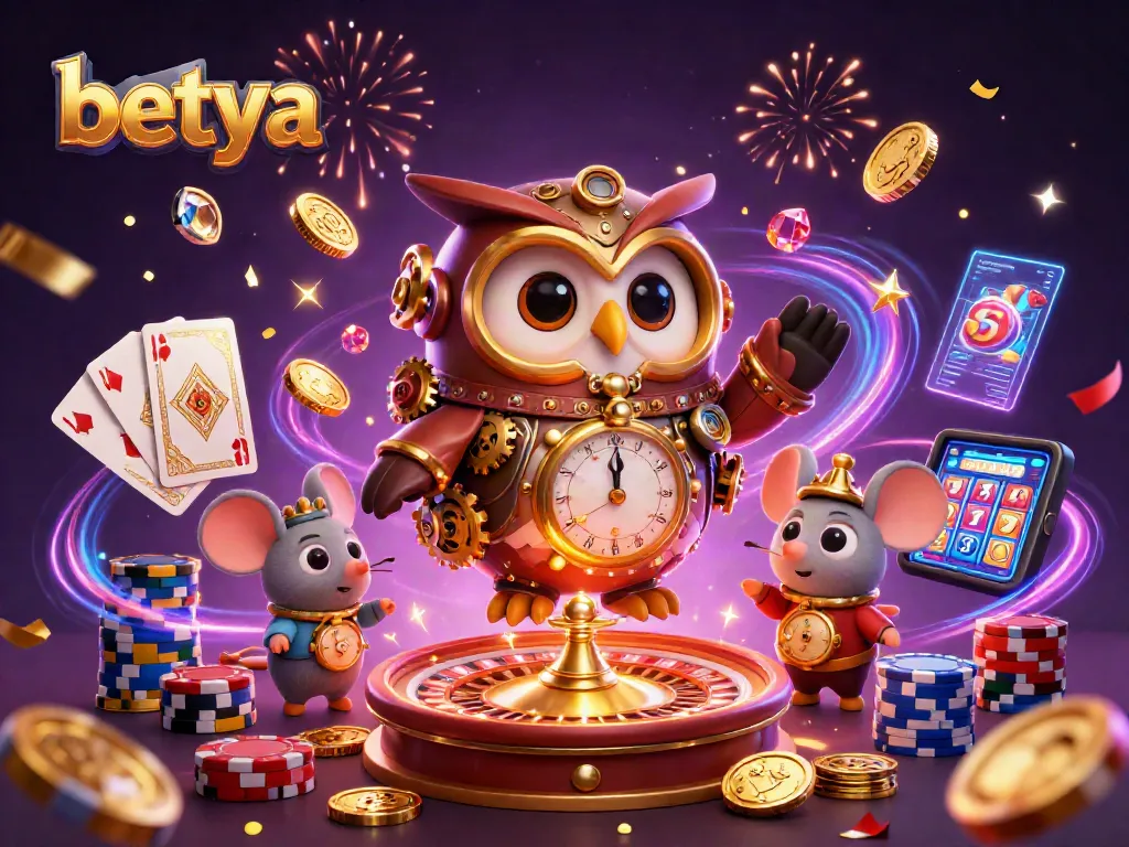 Experience the excitement of Betya Casino with an energized scene featuring game elements and characters.