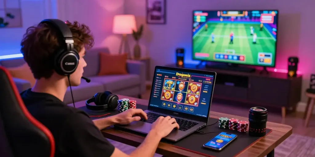 Un joueur enthousiaste sur https://studiobarw.com/ profitant des jeux de casino en ligne dans un cadre moderne.