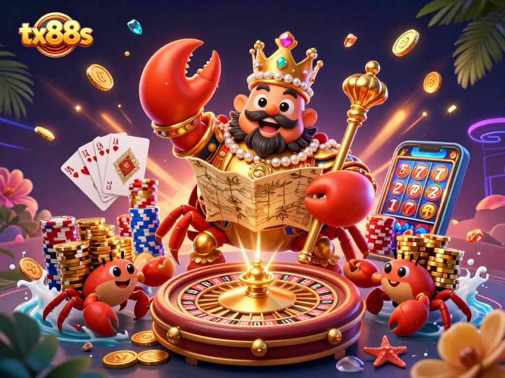 Experience the excitement of tx88s with a vibrant 3D casino scene featuring a crab emperor and treasures.
