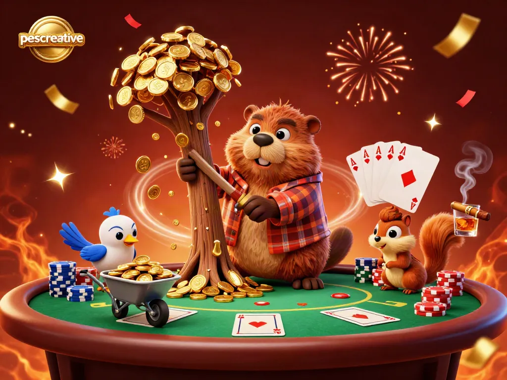 Pescreative showcases a vibrant 3D scene with characters celebrating at a poker table amidst golden coins and festive confetti.