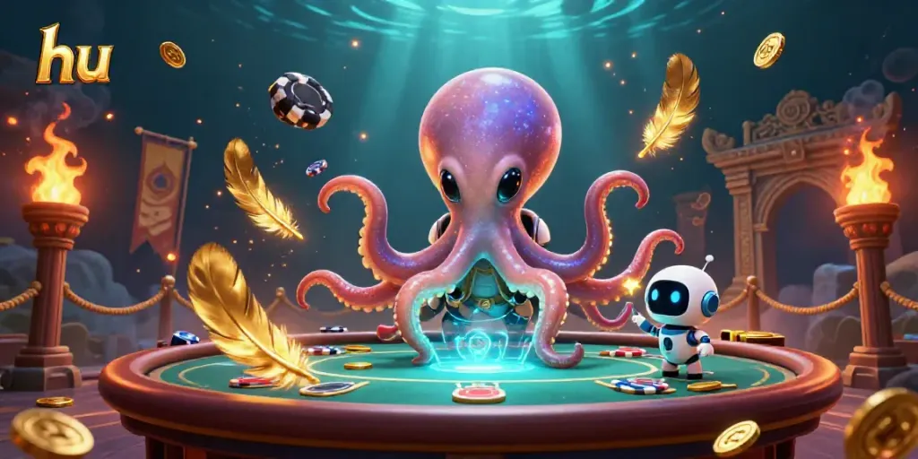Experience thrilling poker with hu's alien octopus dealer at a holographic table surrounded by cosmic elements.