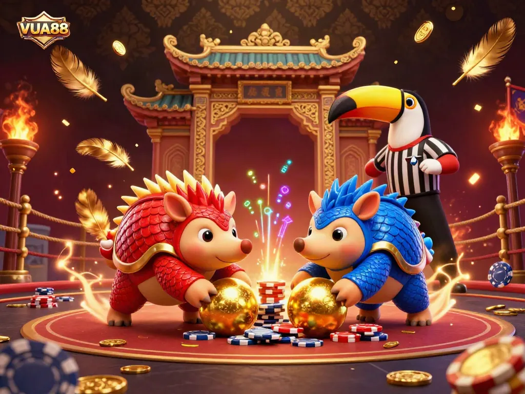 VUA88 energizes players as cartoon pangolins roll through poker chips in this vivid casino scene.