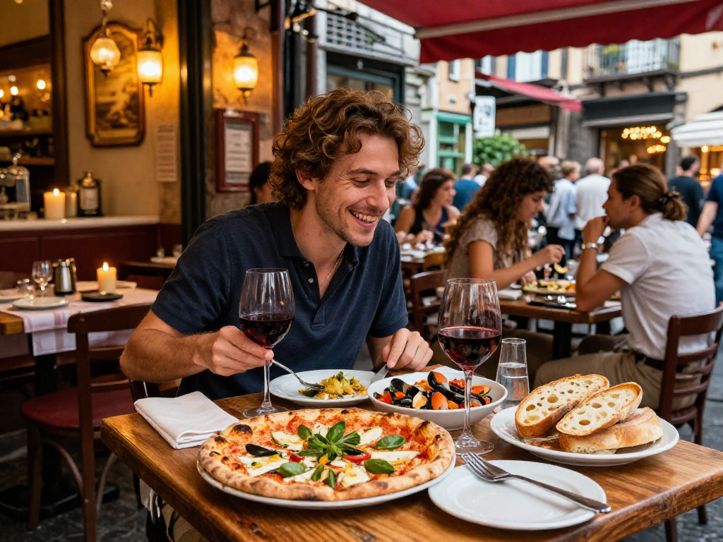 Restaurant chaleureux à Naples avec des plats traditionnels, mettant en avant la connexion avec le lavowin link.