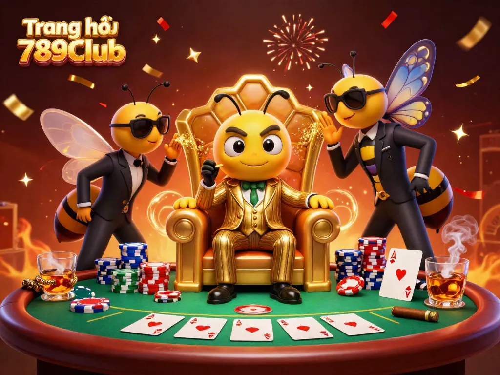 Engage with Trang chủ 789Club, showcasing a vibrant 3D scene of casino action with bumblebee mob boss and colorful poker elements.