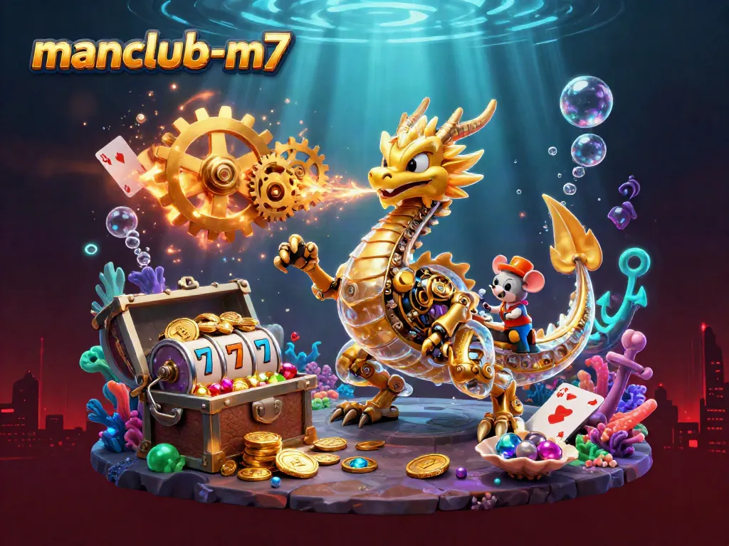 Engage in thrilling casino adventures with manclub-m7's golden dragon amid gems and slot reels.