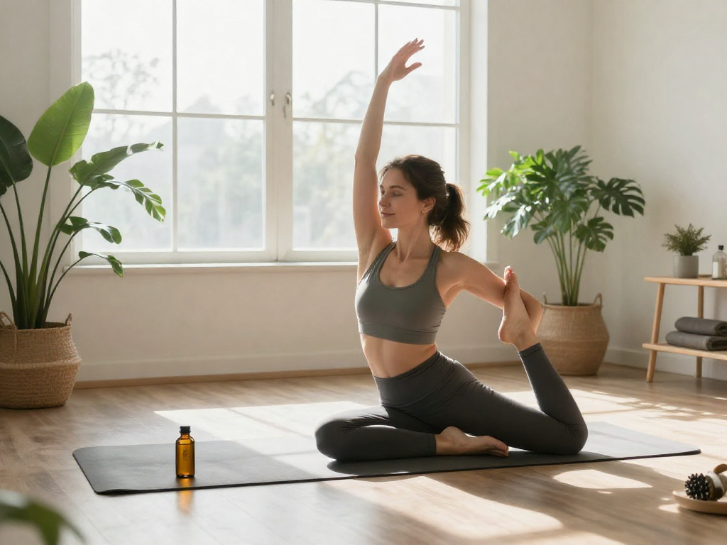 Casino en ligne retrait immédiat avec huile CBD sur tapis de yoga, ambiance bien-être naturelle, lumière douce du matin.