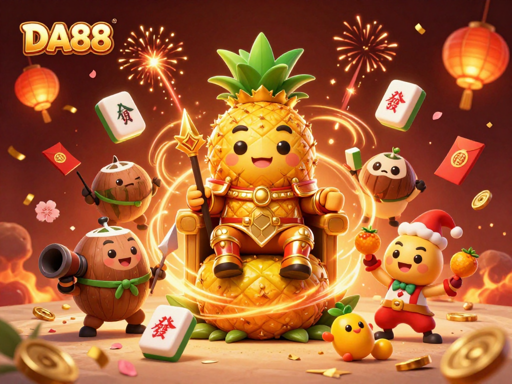 Experience the vibrant DA88 casino scene with the golden pineapple king and festive elements.