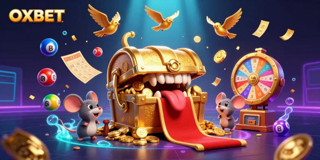 Engage with OXBET's exciting gaming world featuring a dynamic treasure chest and colorful lottery elements.
