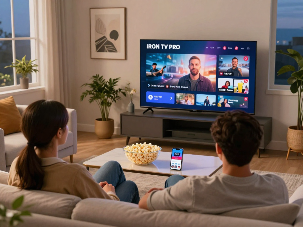 Couple regardant Iron tv pro sur un téléviseur dans un salon moderne.