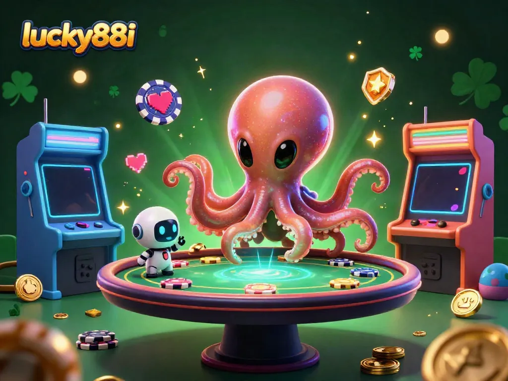 Engage with lucky88i's vibrant 3D casino world featuring an octopus and robotic companion.