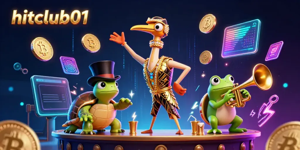 Experience hitclub01's vibrant casino fantasy with unique characters and glowing crypto coins.