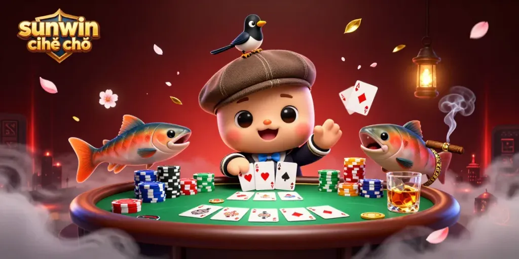 Experience a vibrant poker scene with sunwin chính chủ in a playful 3D illustration featuring characters and casino elements.