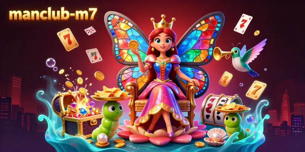 Engage with manclub-m7 in this vibrant 3D illustration showcasing a butterfly queen and casino elements.