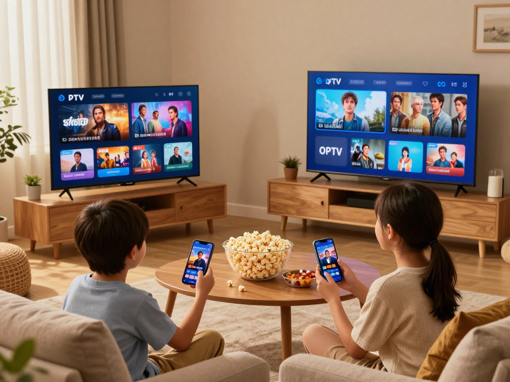 Expérience de visionnage en famille avec Atlas pro ontv dans un salon moderne.