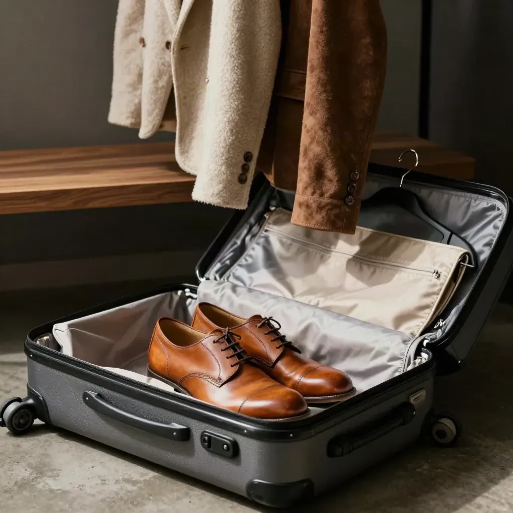 Valise ouverte, vestes sur cintre, chaussures lustrées et pochette de dossier dans une lumière douce.