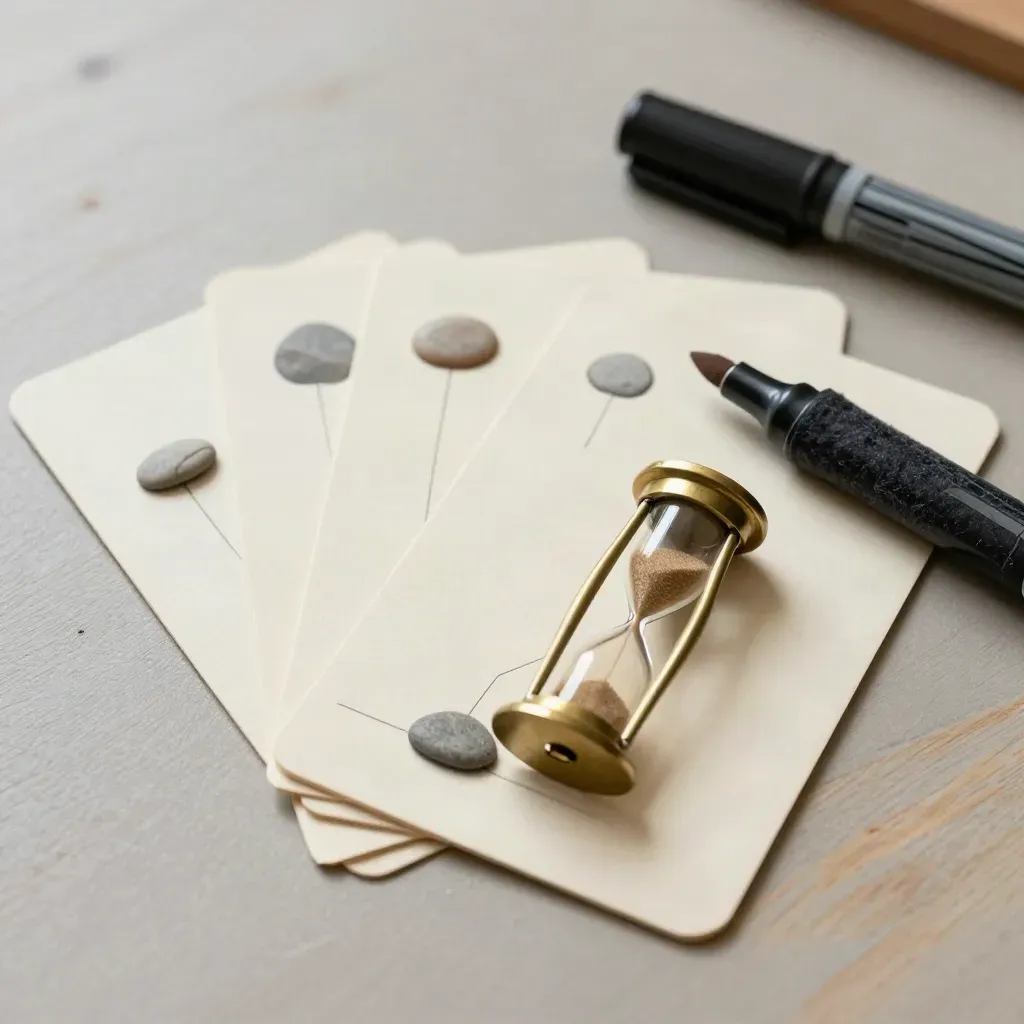 Vue du dessus de cartes, galets d’ardoise, sablier et feutre sur table claire.