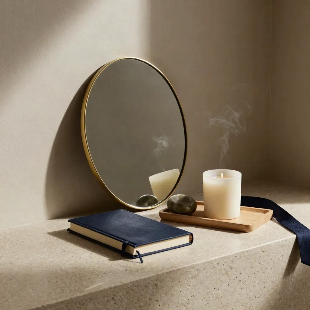 Coin de travail avec miroir ovale, carnet en toile, pierre et bougie éteinte, lumière dramatique.