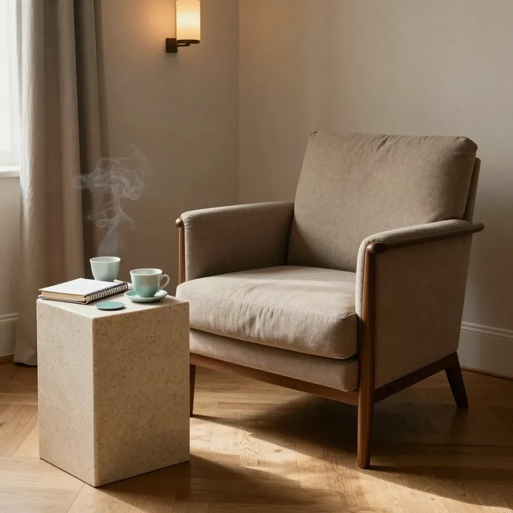 Fauteuil de consultation vide, table en travertin, carnet fermé et deux tasses en porcelaine.