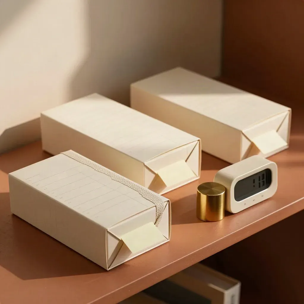 Boîtes crème, élastique en lin et petit minuteur sur une étagère terracotta.