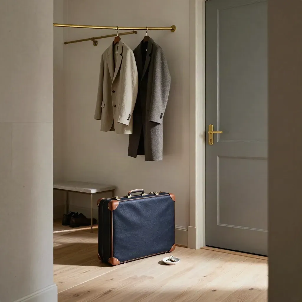 Entrée immaculée avec valise fermée, vêtements suspendus, chaussures rangées et clé dans une coupelle.