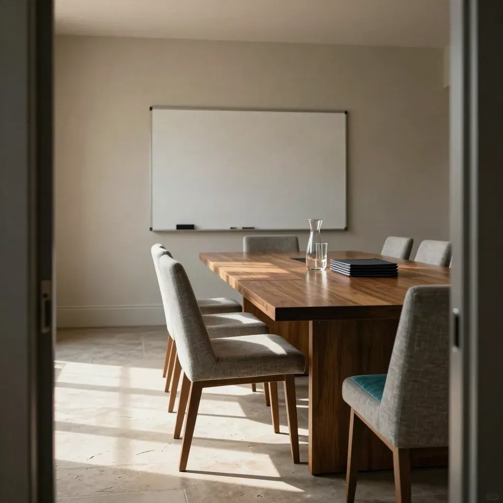 Salle de réunion vide, tableau blanc, chaises alignées, carafe et dossiers fermés.