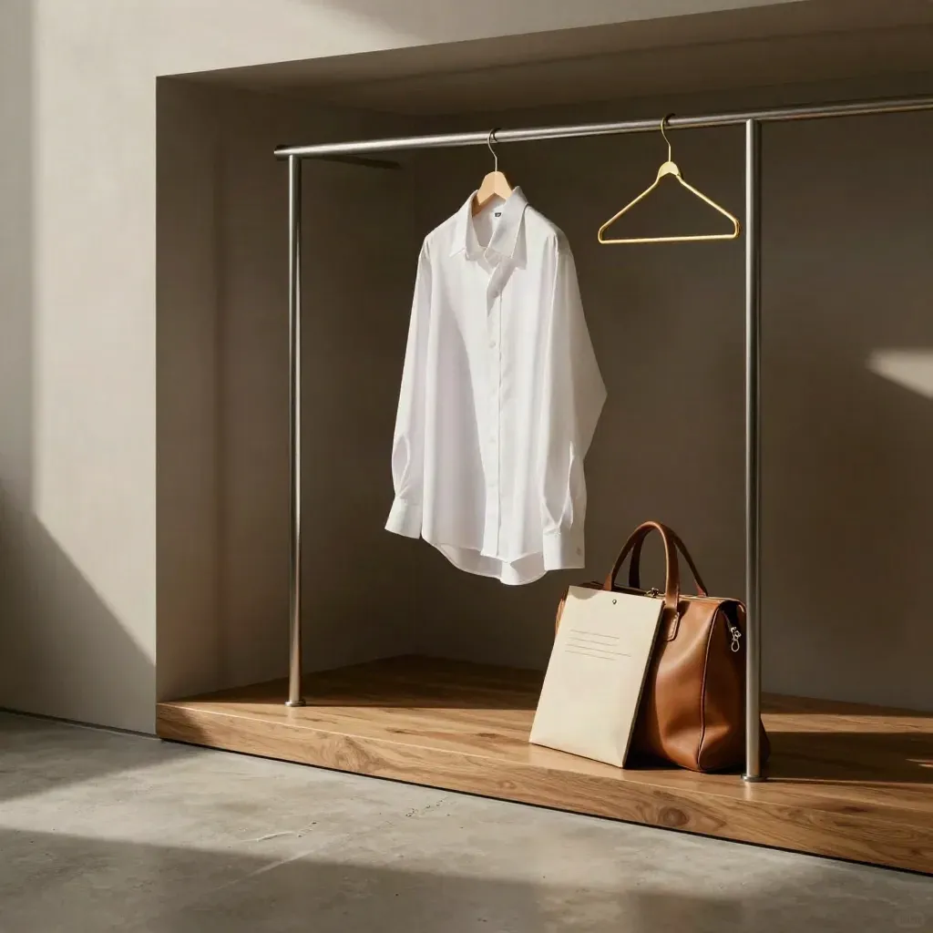 Porte-vêtements minimal, chemise repassée, pochette fermée et sac de travail dans un espace calme.
