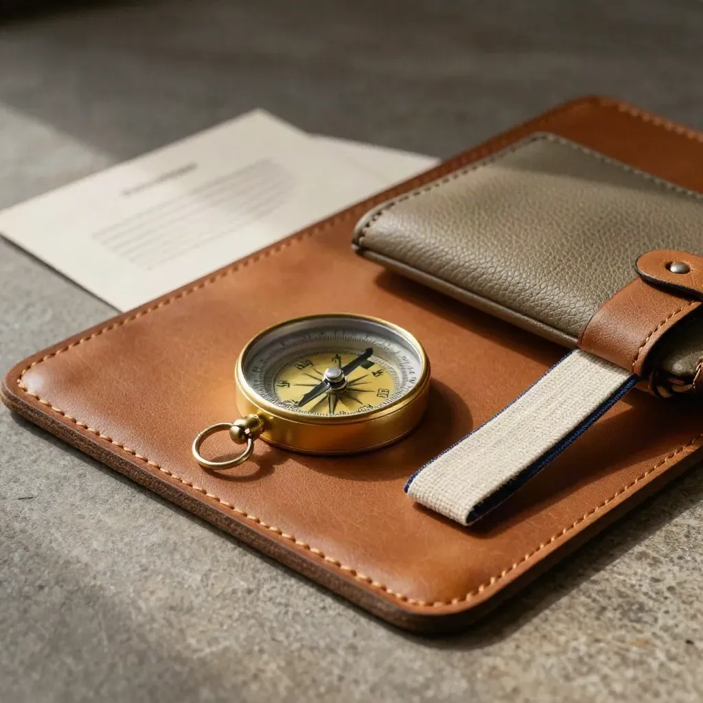 Gros plan de cuir grainé, boussole en laiton, pochette et marque-page en tissu.