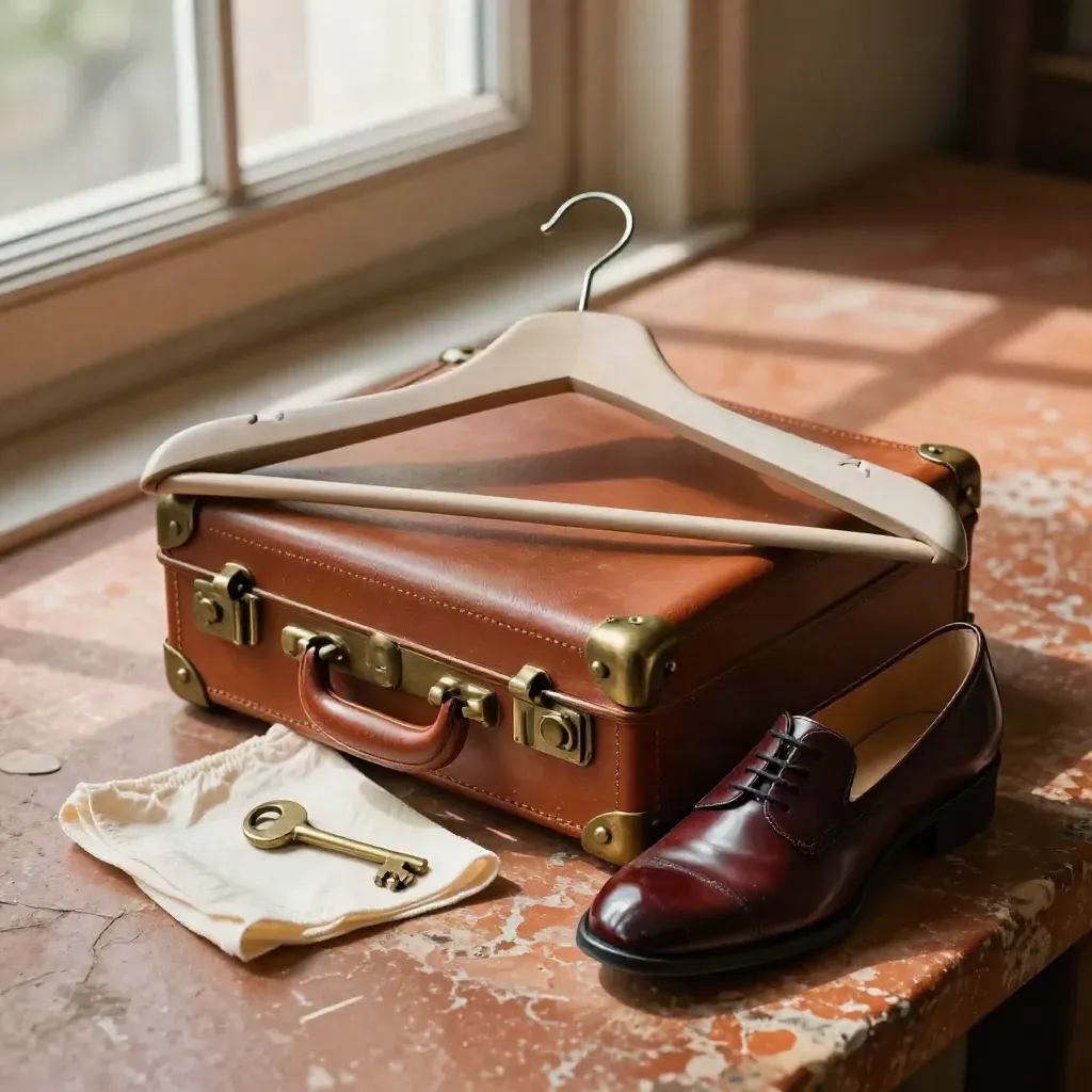 Valise mini-format, cintre en bois clair, chaussure polie et clé sur pierre chaude.