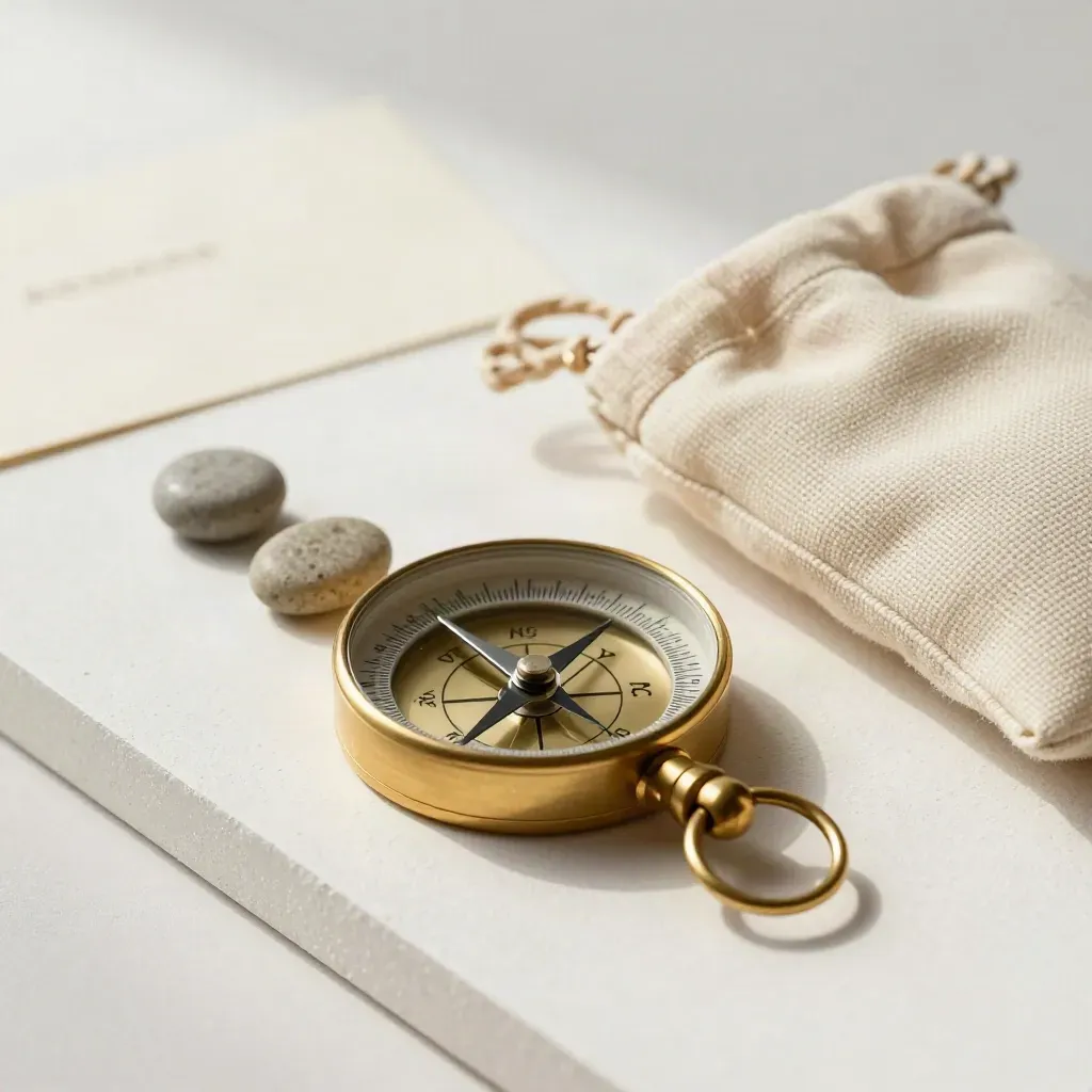Boussole en laiton, trois galets et pochette en toile sur fond ivoire.