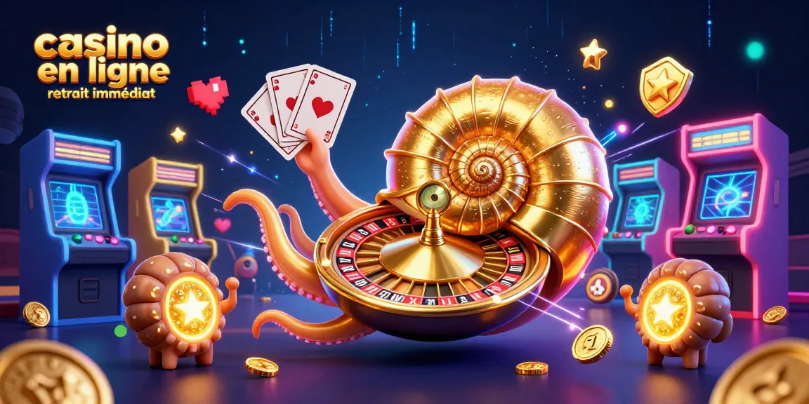 Jouez sur le casino en ligne retrait immédiat avec une ambiance colorée, machine à sous et une roulette géante.