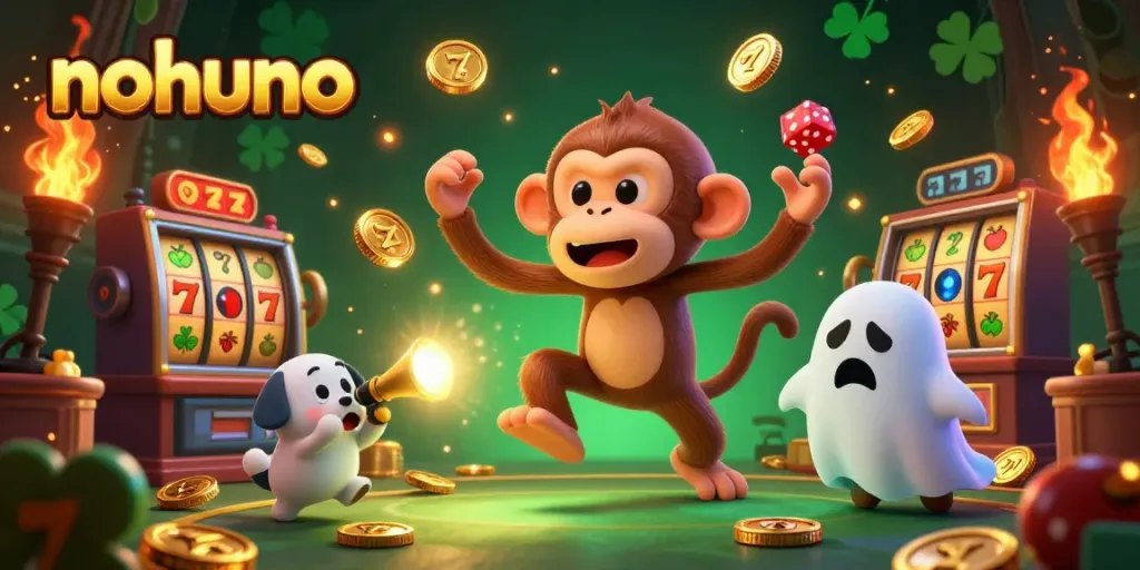 Experience the thrilling energy of nohuno casino with golden elements and captivating characters in a vibrant 3D illustration.