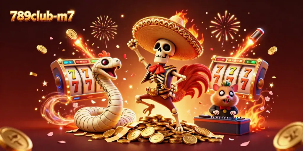 Join the celebration with 789club-m7 as a skeleton mariachi rooster dances atop coins, surrounded by casino-themed elements.