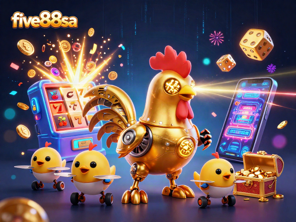 Experience thrilling gameplay with five88sa's animated casino scene featuring a golden rooster robot.