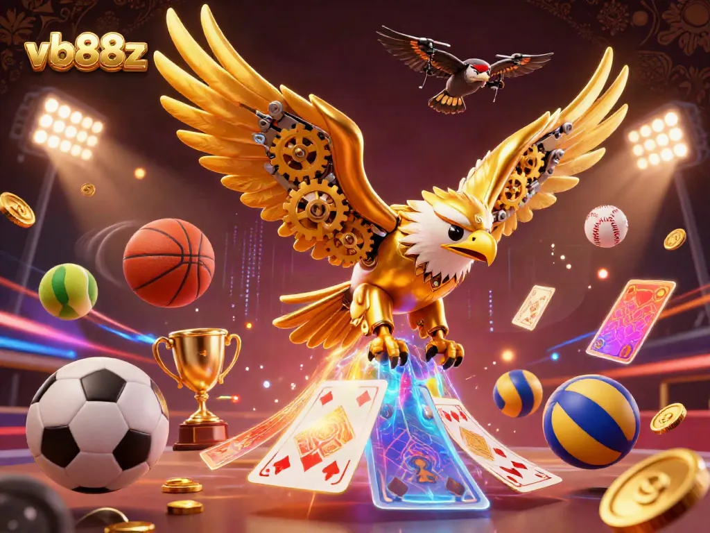 Experience the thrill of vb88z with a vibrant 3D illustration of a cybernetic eagle amidst dynamic sports elements.
