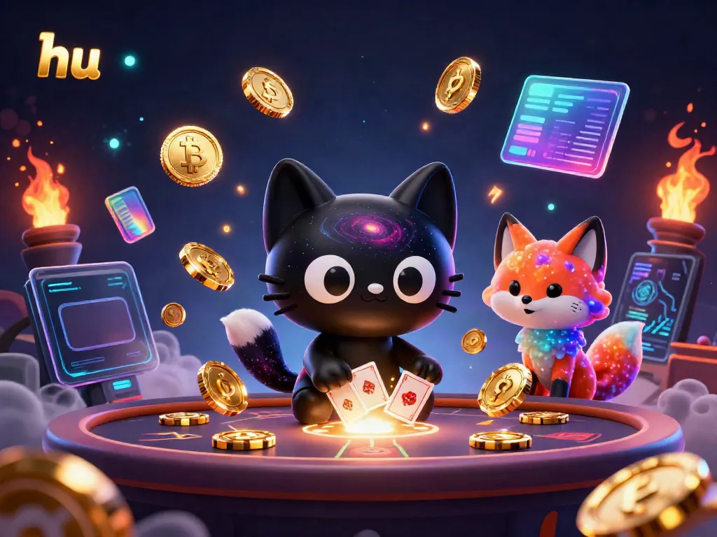 Engage in thrilling cosmic gambling with hu, featuring a black hole cat and a nebula fox inside a vibrant casino table scene.