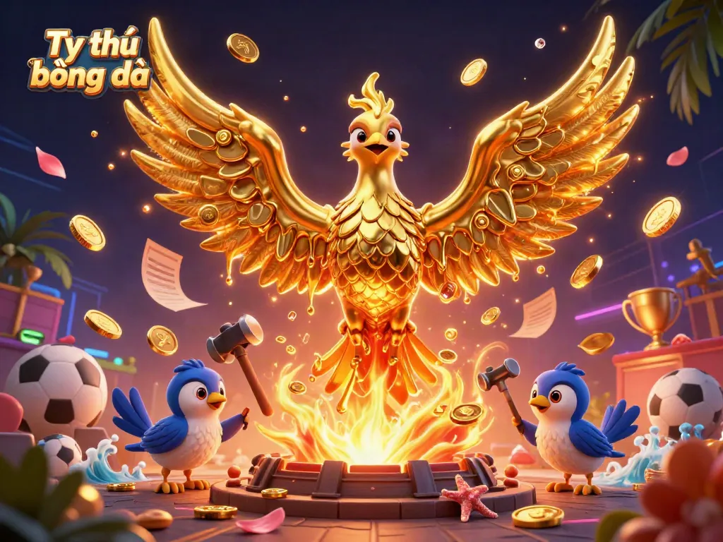 Experience Tỷ lệ bóng đá with dynamic soccer elements and a molten phoenix emerging in a vibrant betting scene.