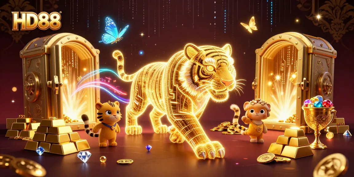 Engage with HD88's thrilling casino adventures featuring a neon tiger and jewels.